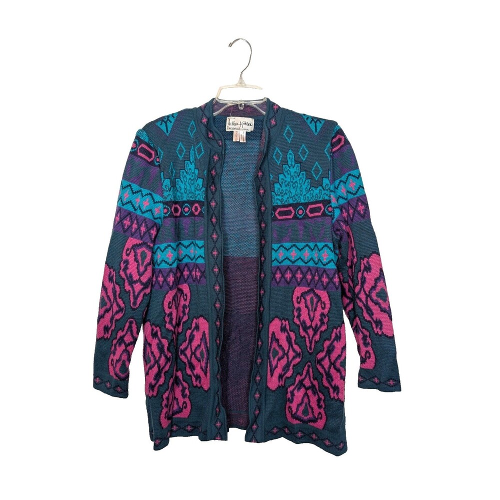 Arthur Kohler Womens Geometric Open Front Cardigan Sz 12 Wool Acrylic Blend Vtg